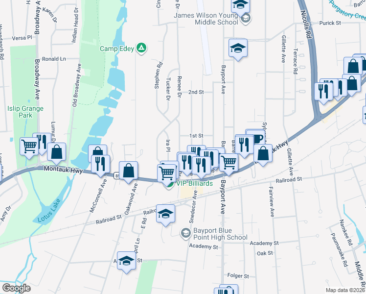 map of restaurants, bars, coffee shops, grocery stores, and more near 383 Bernice Drive in Bayport