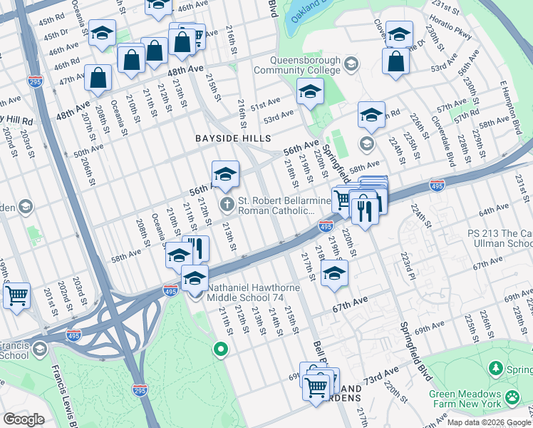 map of restaurants, bars, coffee shops, grocery stores, and more near 58-12 Bell Boulevard in Queens