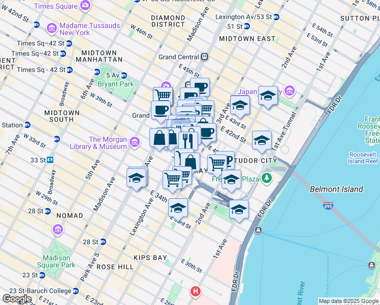 map of restaurants, bars, coffee shops, grocery stores, and more near 146 East 39th Street in New York