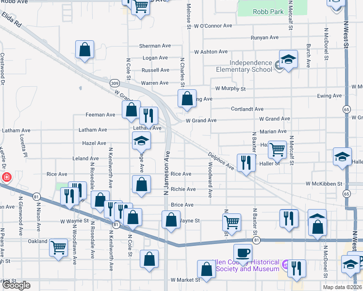 map of restaurants, bars, coffee shops, grocery stores, and more near 815 North Charles Street in Lima