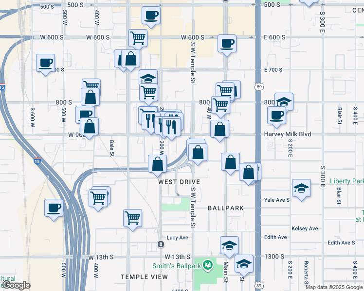 map of restaurants, bars, coffee shops, grocery stores, and more near in Salt Lake City