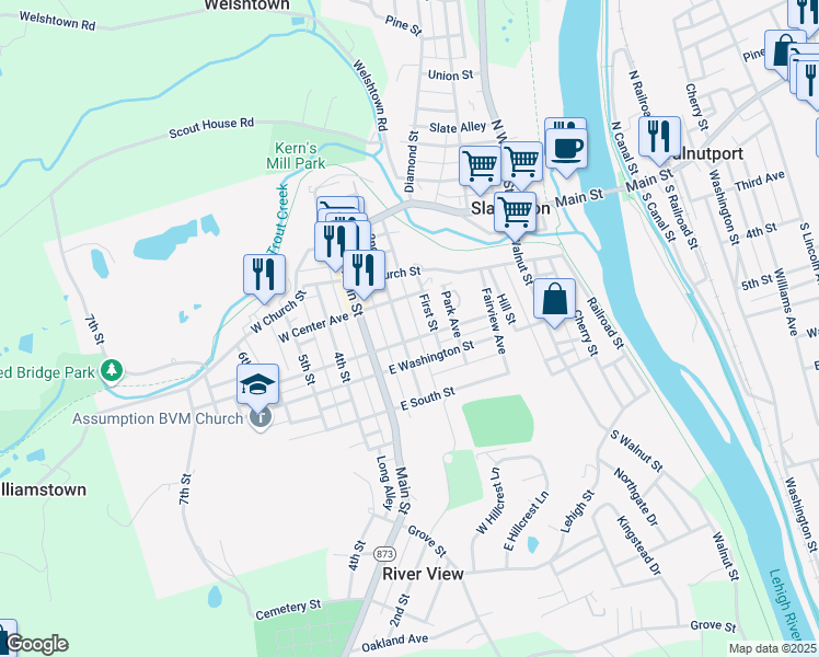 map of restaurants, bars, coffee shops, grocery stores, and more near 241 2nd Street in Slatington