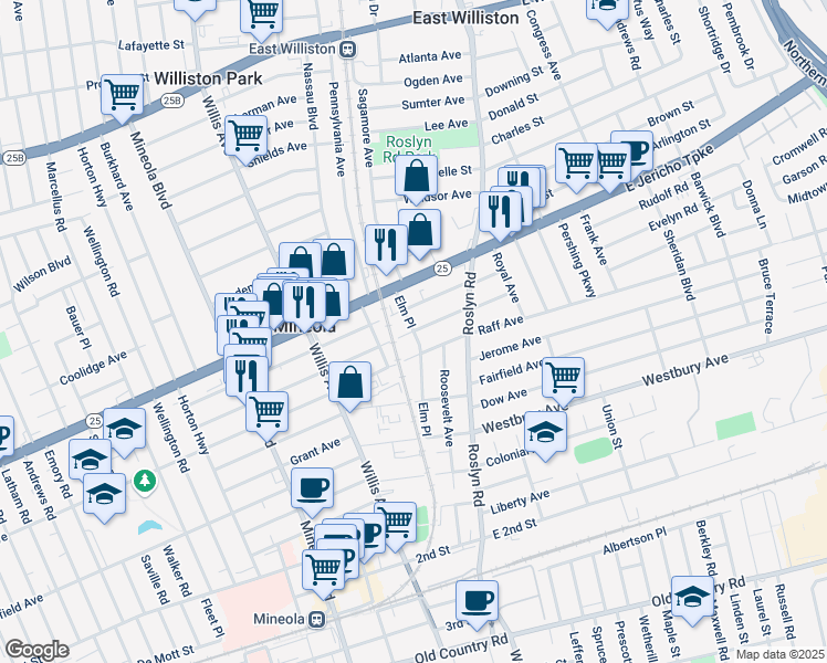 map of restaurants, bars, coffee shops, grocery stores, and more near 244 Elm Place in Mineola