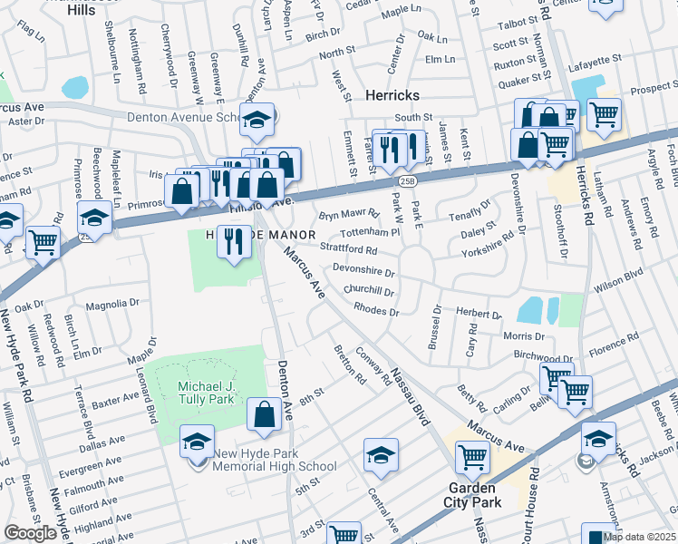 map of restaurants, bars, coffee shops, grocery stores, and more near 282 Devonshire Drive in New Hyde Park