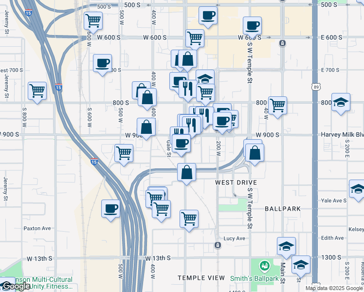 map of restaurants, bars, coffee shops, grocery stores, and more near 924 300 West in Salt Lake City