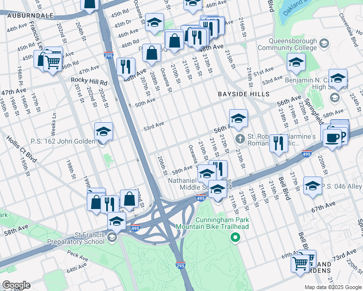 map of restaurants, bars, coffee shops, grocery stores, and more near 56-03 208th Street in Queens