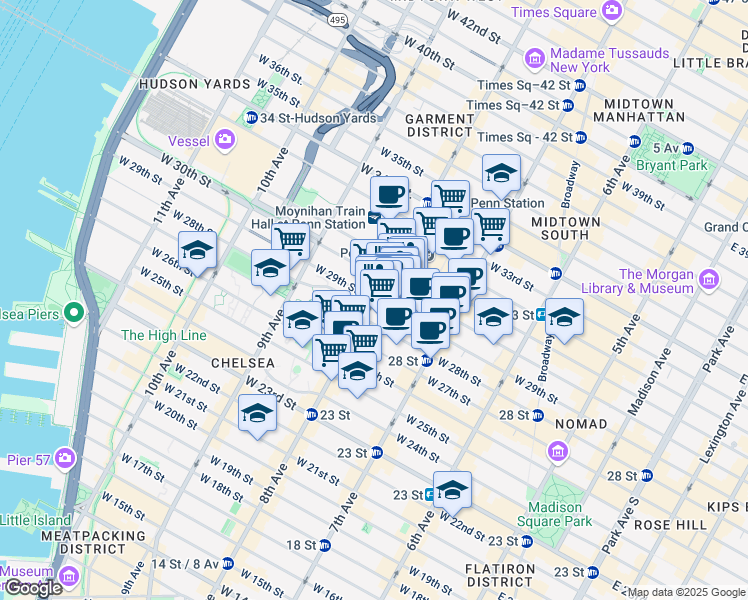 map of restaurants, bars, coffee shops, grocery stores, and more near 8th Ave & W 29th St in New York