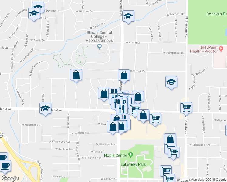 map of restaurants, bars, coffee shops, grocery stores, and more near 5021 North University Street in Peoria