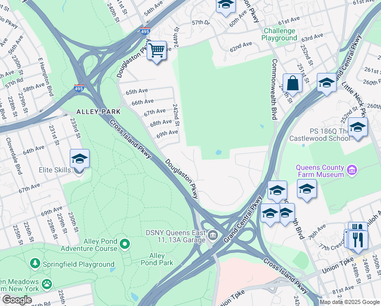 map of restaurants, bars, coffee shops, grocery stores, and more near 71-12 244th Street in Queens