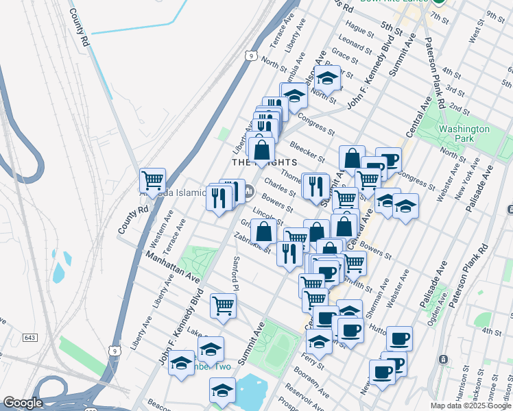 map of restaurants, bars, coffee shops, grocery stores, and more near 3418 John F. Kennedy Boulevard in Jersey City