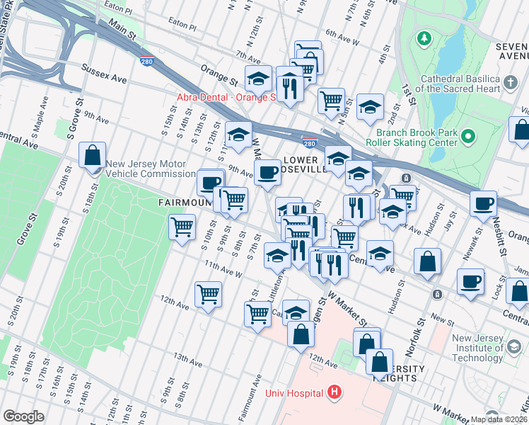 map of restaurants, bars, coffee shops, grocery stores, and more near 449 West Market Street in Newark