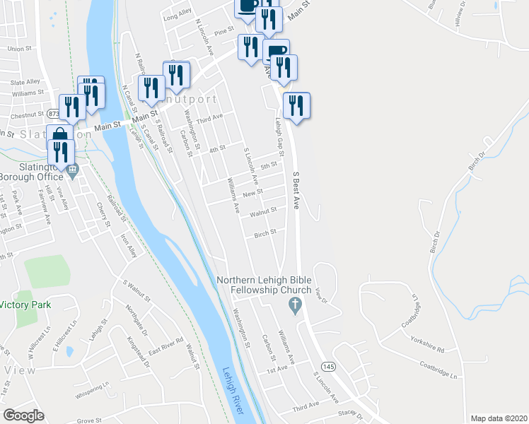 map of restaurants, bars, coffee shops, grocery stores, and more near 606 South Lincoln Avenue in Walnutport