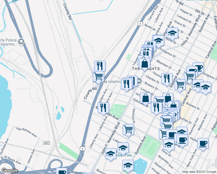 map of restaurants, bars, coffee shops, grocery stores, and more near 210 Zabriskie Street in Jersey City