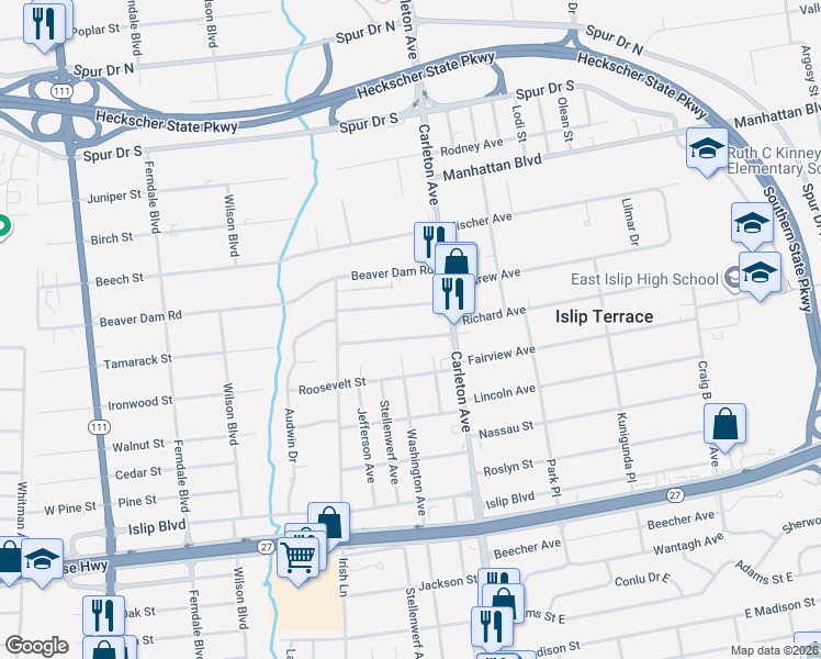 map of restaurants, bars, coffee shops, grocery stores, and more near 9 Karp Drive in Islip Terrace
