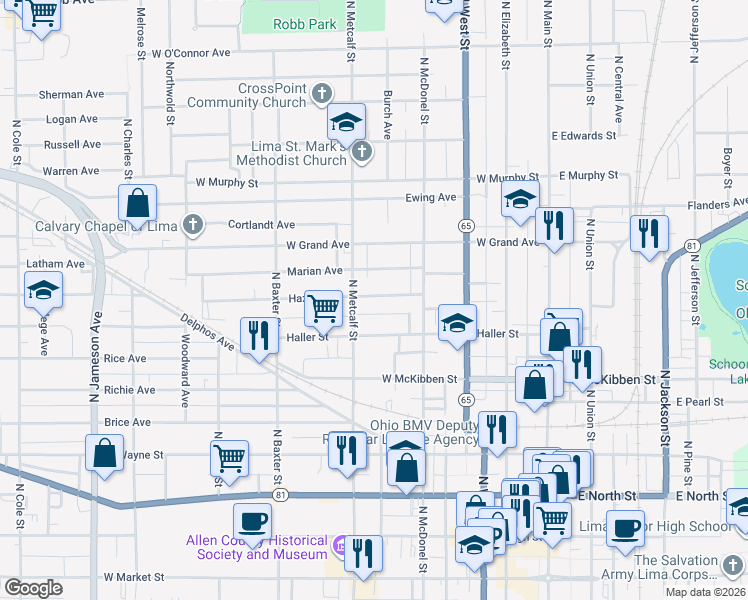 map of restaurants, bars, coffee shops, grocery stores, and more near 455 Hazel Avenue in Lima