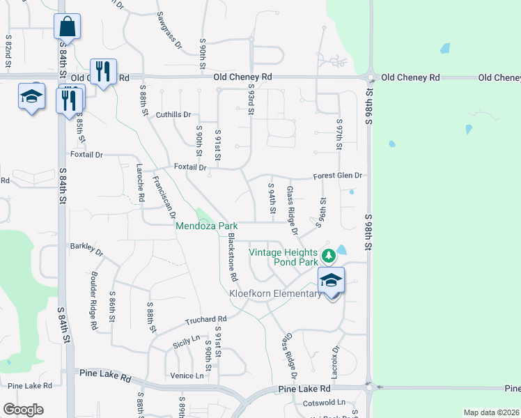 map of restaurants, bars, coffee shops, grocery stores, and more near 6150 South 93rd Street in Lincoln
