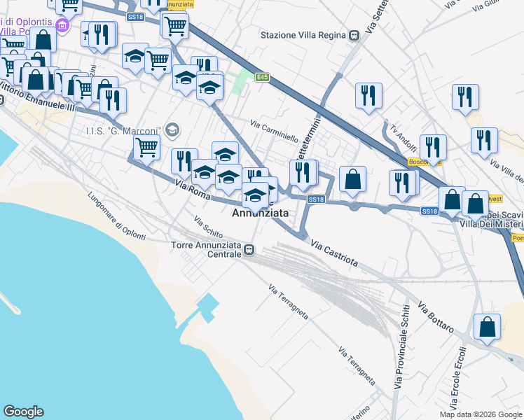 map of restaurants, bars, coffee shops, grocery stores, and more near Viale Manfredi Francesco in Torre Annunziata