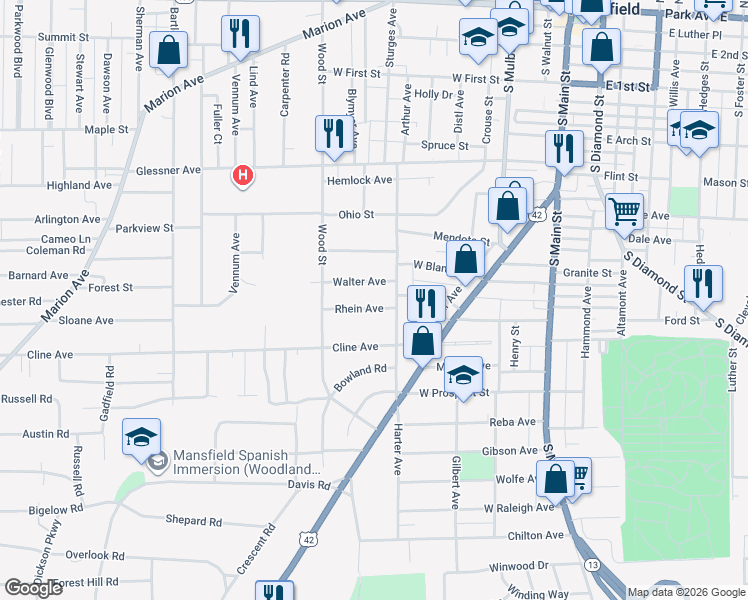 map of restaurants, bars, coffee shops, grocery stores, and more near 208 Rhein Avenue in Mansfield
