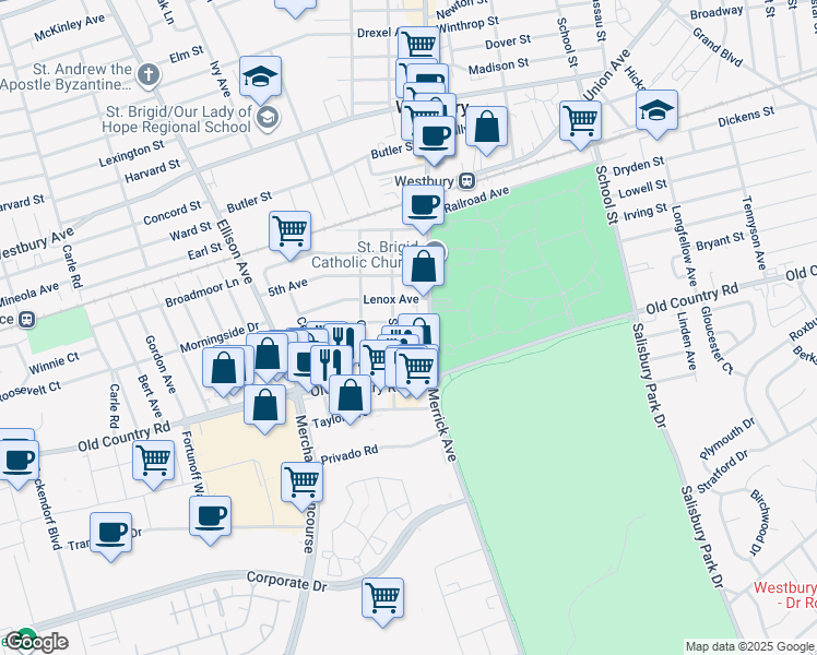 map of restaurants, bars, coffee shops, grocery stores, and more near 66 Bedford Avenue in Westbury