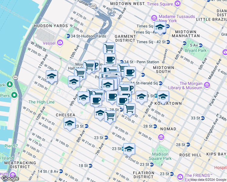 map of restaurants, bars, coffee shops, grocery stores, and more near 242 West 30th Street in New York