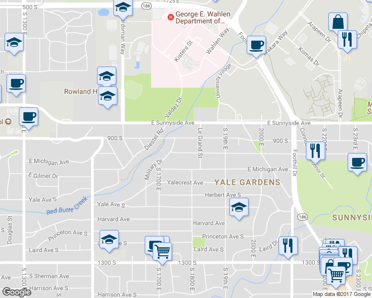 map of restaurants, bars, coffee shops, grocery stores, and more near 1775 East Hubbard Avenue in Salt Lake City