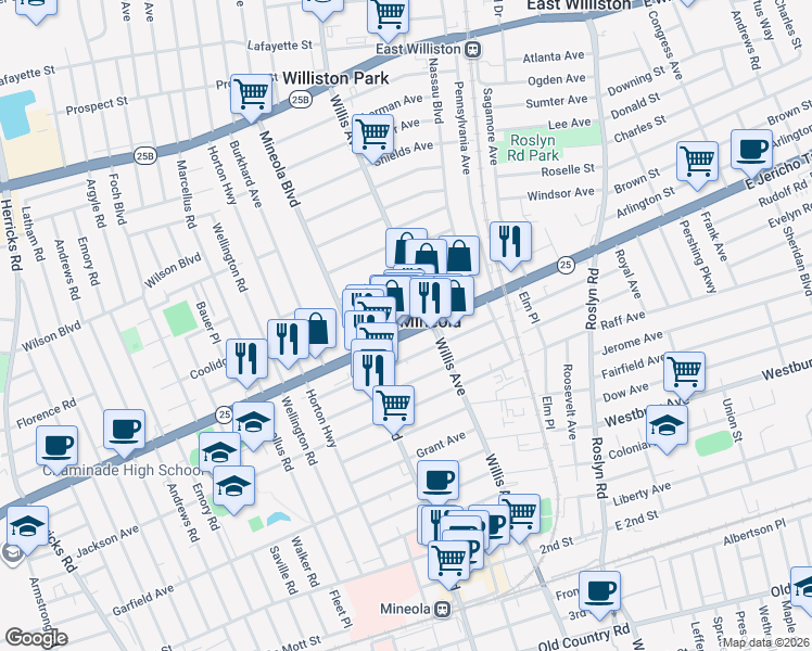 map of restaurants, bars, coffee shops, grocery stores, and more near 170 Jericho Turnpike in Mineola