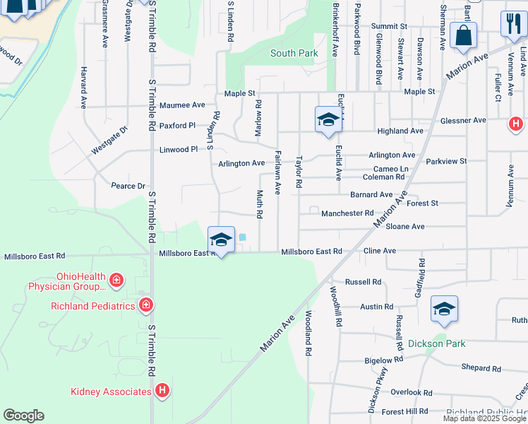map of restaurants, bars, coffee shops, grocery stores, and more near 365 Muth Road in Mansfield
