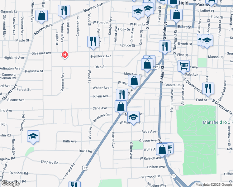 map of restaurants, bars, coffee shops, grocery stores, and more near 163 Grover Street in Mansfield