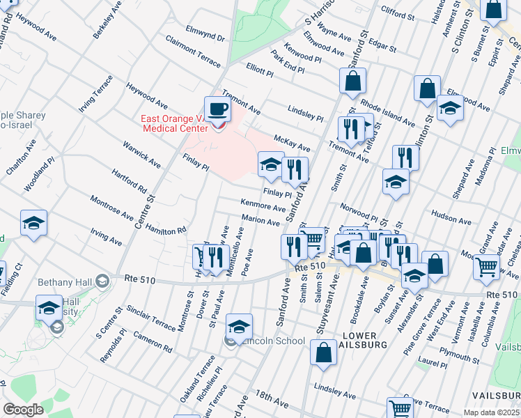map of restaurants, bars, coffee shops, grocery stores, and more near 42 Kenmore Avenue in Newark
