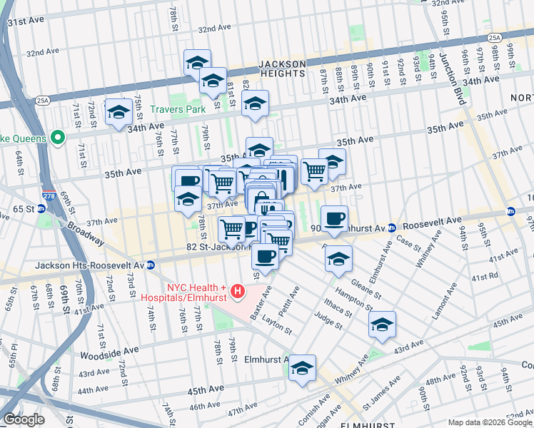 map of restaurants, bars, coffee shops, grocery stores, and more near 3721 82nd Street in Queens