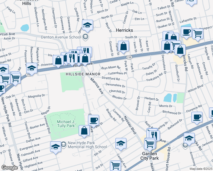 map of restaurants, bars, coffee shops, grocery stores, and more near 282 Devonshire Drive in New Hyde Park