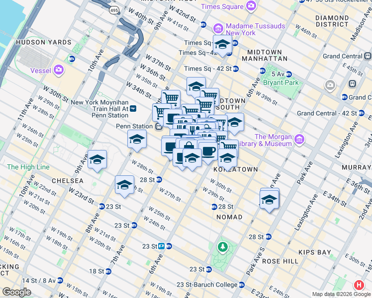 map of restaurants, bars, coffee shops, grocery stores, and more near 11 Pennsylvania Plaza in New York