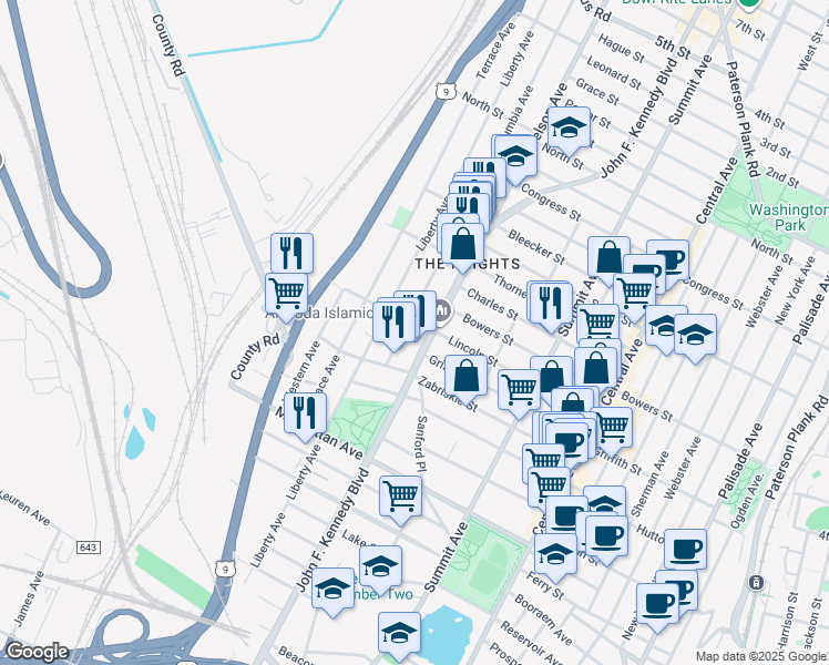 map of restaurants, bars, coffee shops, grocery stores, and more near 28 Columbia Avenue in Jersey City