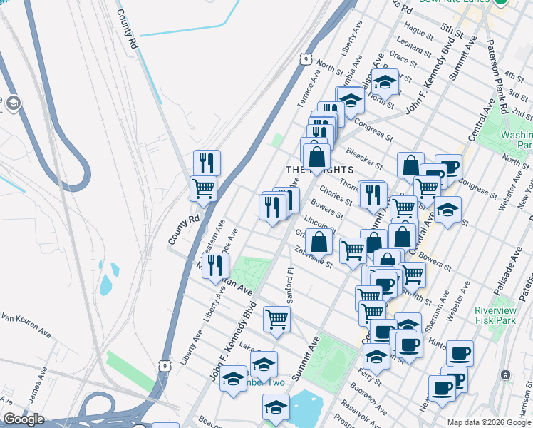 map of restaurants, bars, coffee shops, grocery stores, and more near 28 Columbia Avenue in Jersey City
