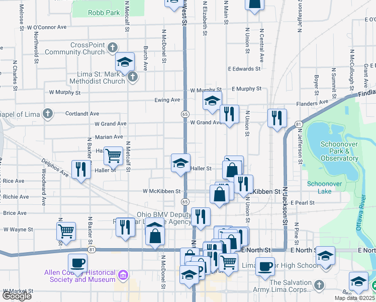 map of restaurants, bars, coffee shops, grocery stores, and more near 636 North West Street in Lima