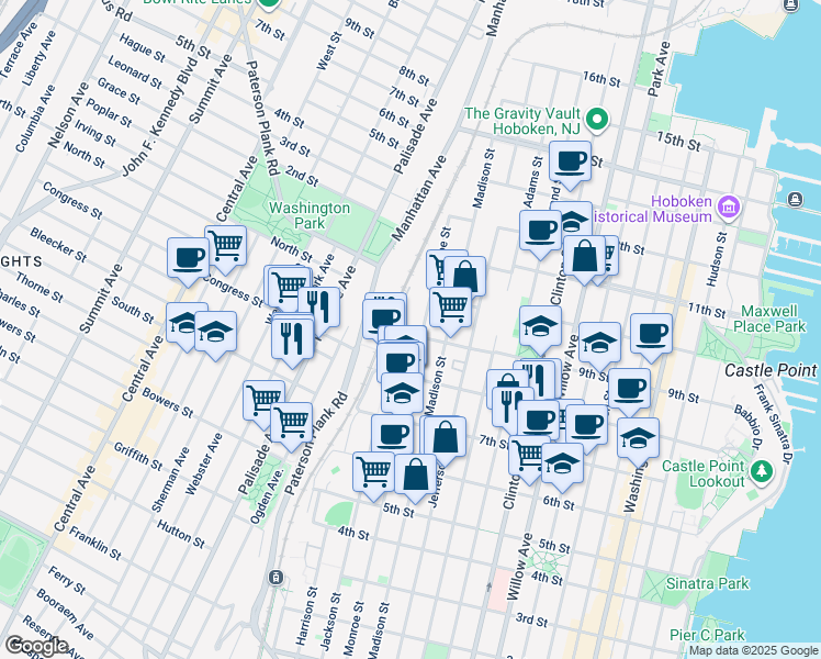 map of restaurants, bars, coffee shops, grocery stores, and more near 900 Monroe Street in Hoboken