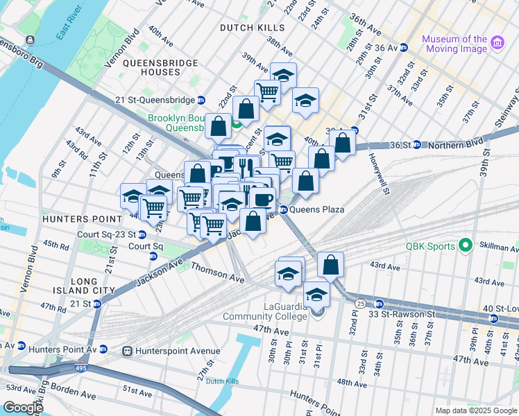 map of restaurants, bars, coffee shops, grocery stores, and more near 28-10 Queens Plaza South in Queens