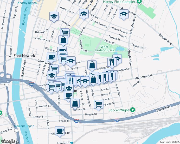 map of restaurants, bars, coffee shops, grocery stores, and more near 604 William Street in Harrison