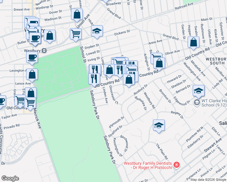 map of restaurants, bars, coffee shops, grocery stores, and more near 537 Mark Lane in Westbury