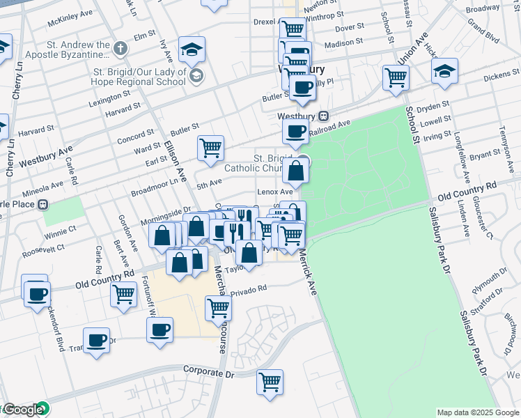 map of restaurants, bars, coffee shops, grocery stores, and more near 58 Bedford Avenue in Westbury