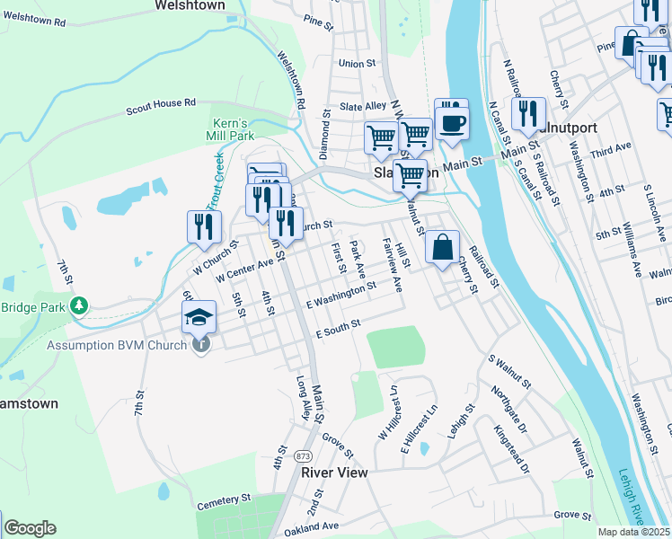 map of restaurants, bars, coffee shops, grocery stores, and more near 349 First Street in Slatington