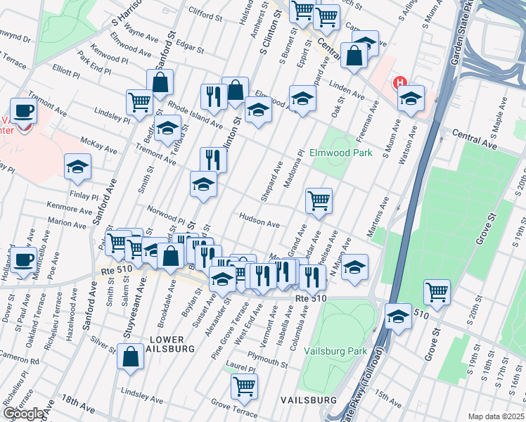 map of restaurants, bars, coffee shops, grocery stores, and more near 302 Shepard Avenue in East Orange