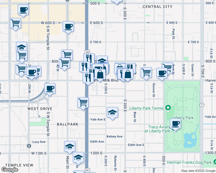map of restaurants, bars, coffee shops, grocery stores, and more near 207 Hubbard Avenue South in Salt Lake City