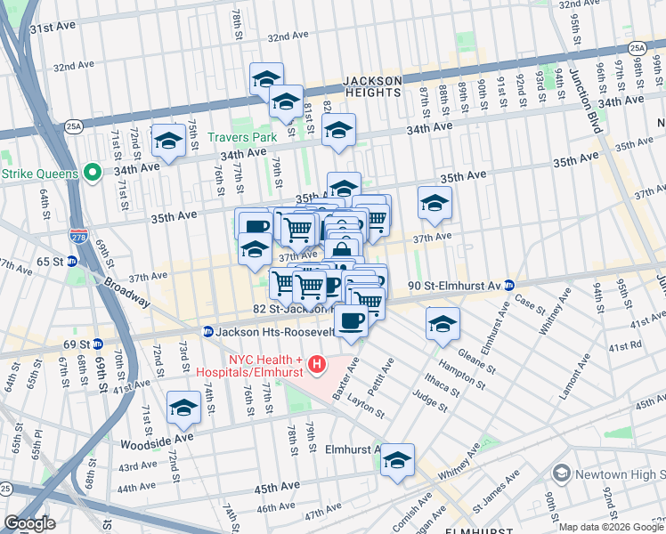 map of restaurants, bars, coffee shops, grocery stores, and more near 37-20 81st Street in Queens