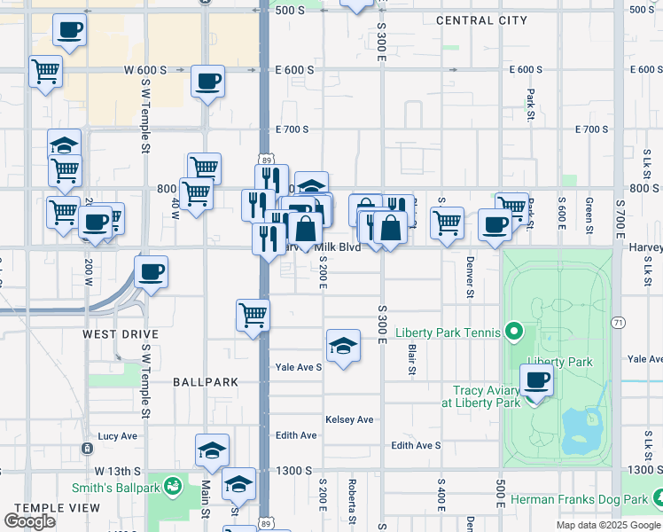 map of restaurants, bars, coffee shops, grocery stores, and more near 207 Hubbard Avenue South in Salt Lake City
