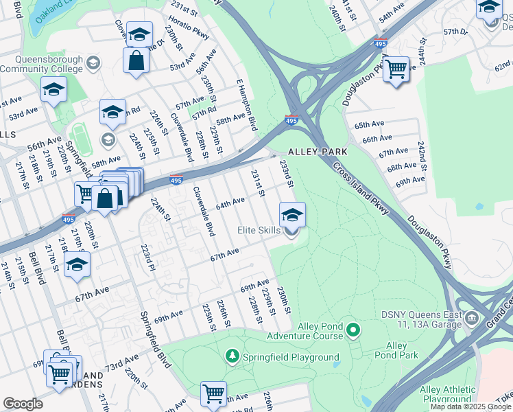 map of restaurants, bars, coffee shops, grocery stores, and more near 67-14 230th Street in Queens