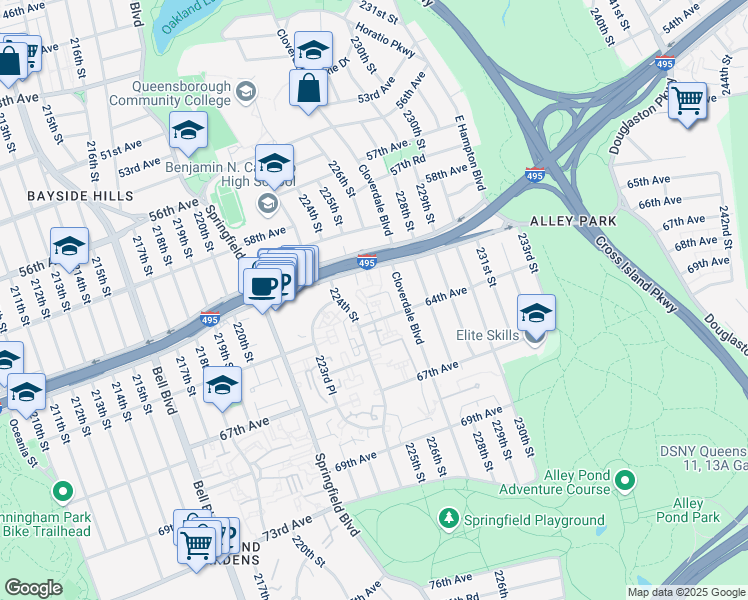 map of restaurants, bars, coffee shops, grocery stores, and more near 224-33 64th Avenue in Queens