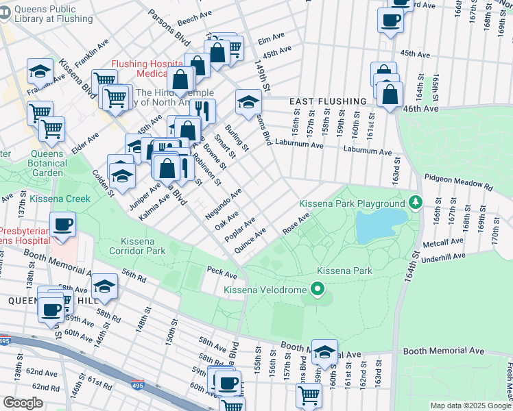 map of restaurants, bars, coffee shops, grocery stores, and more near 142-14 Oak Avenue in Queens