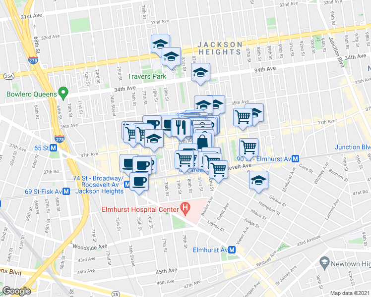 map of restaurants, bars, coffee shops, grocery stores, and more near 37-20 81st Street in Queens