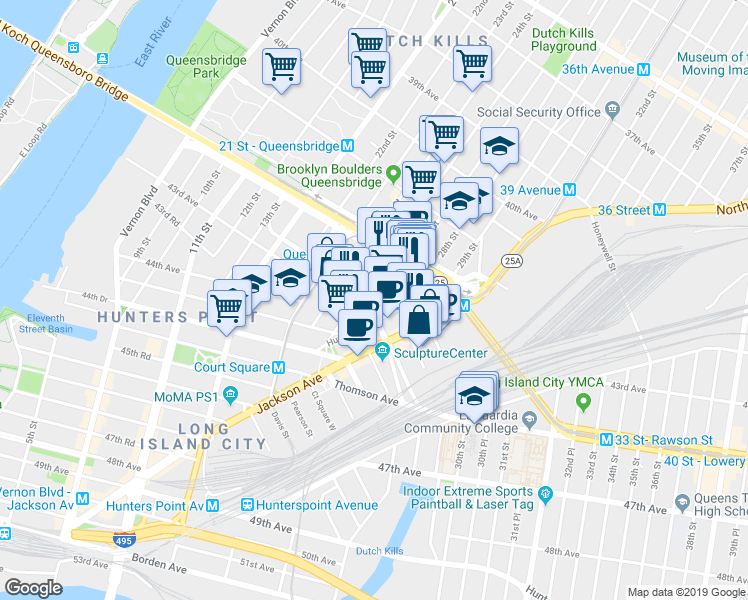 map of restaurants, bars, coffee shops, grocery stores, and more near 42-50 27th Street in Queens